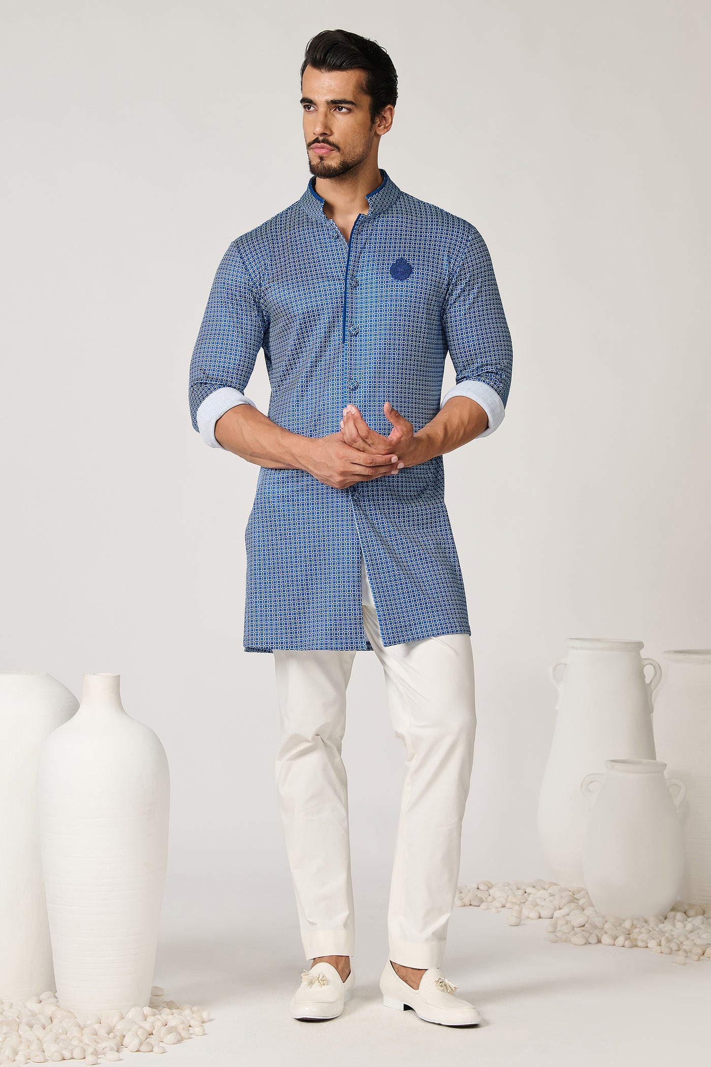 Shantanu & Nikhil Menswear Printed Crepe Jersey Kurta indian designer wear online shopping melange singapore