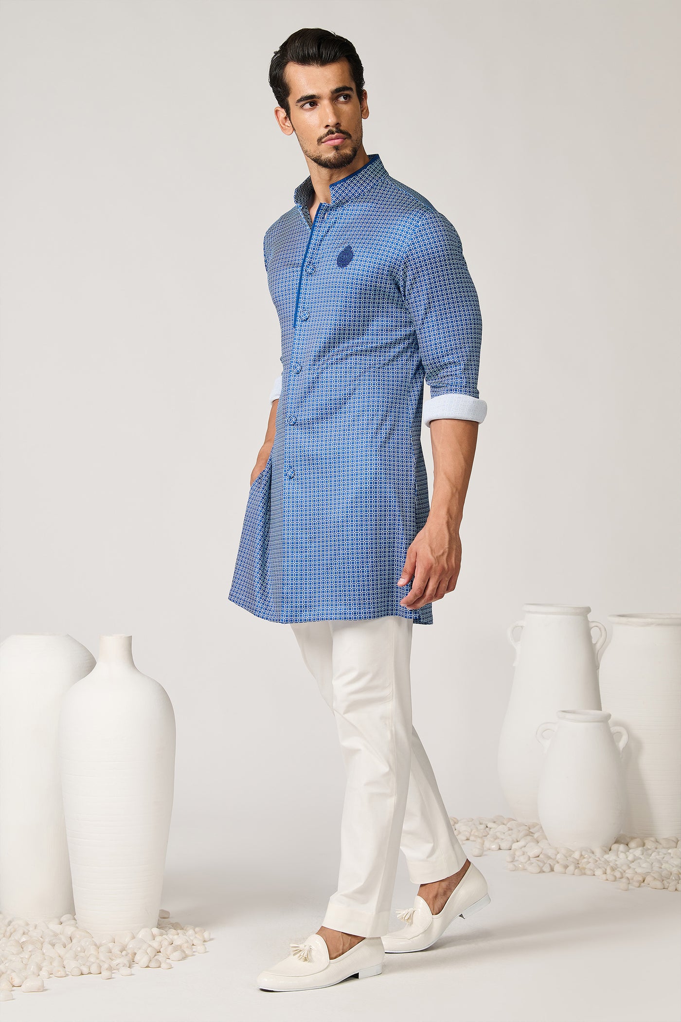 Shantanu & Nikhil Menswear Printed Crepe Jersey Kurta indian designer wear online shopping melange singapore