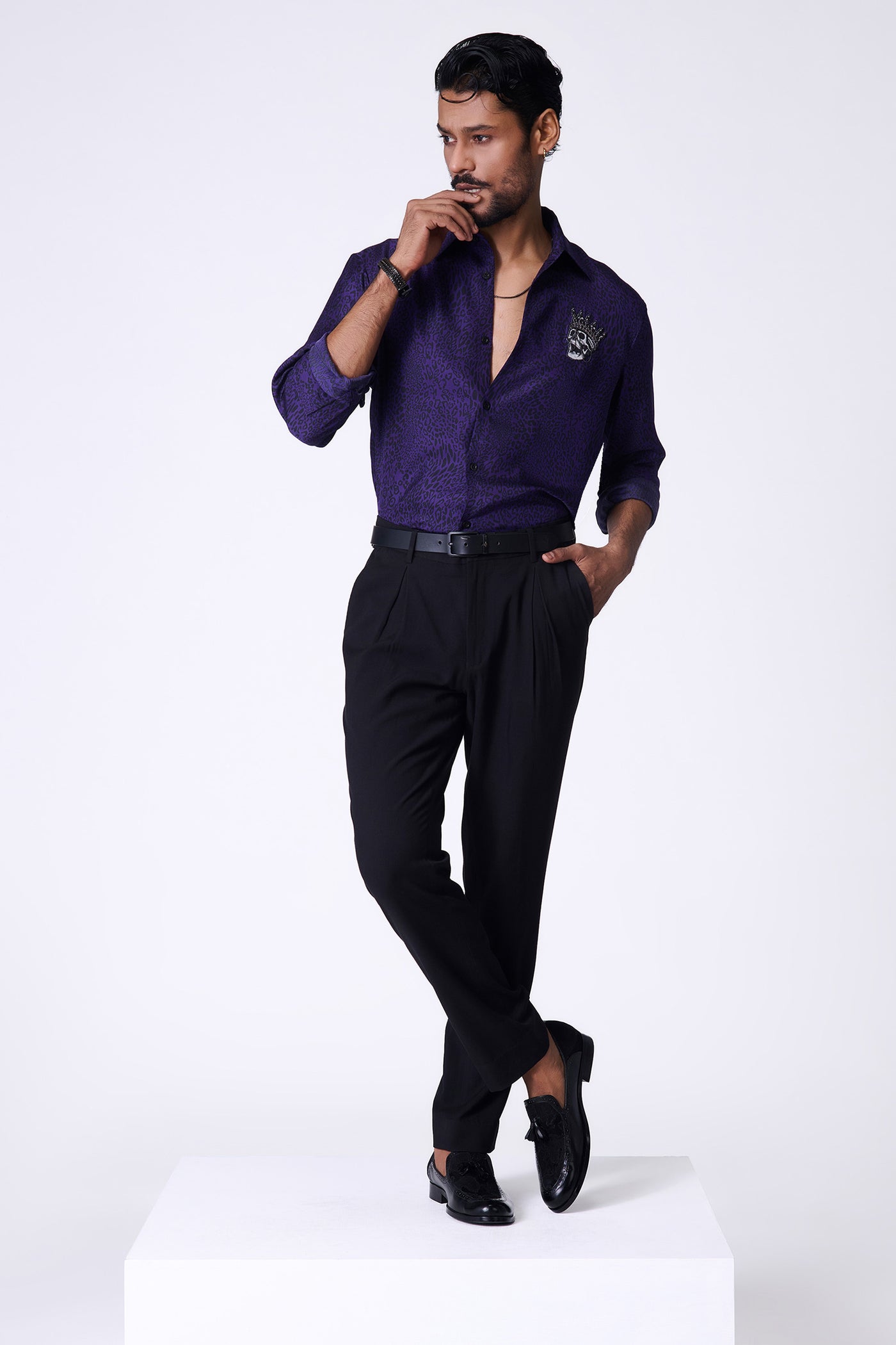 Shantanu & Nikhil Menswear Purple Leopard Print Shirt indian designer wear online shopping melange singapore
