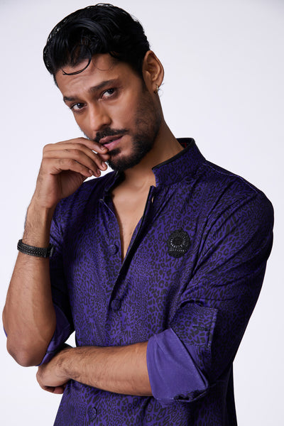 Shantanu & Nikhil Menswear Purple Leopard Print Shirt Kurta indian designer wear online shopping melange singapore