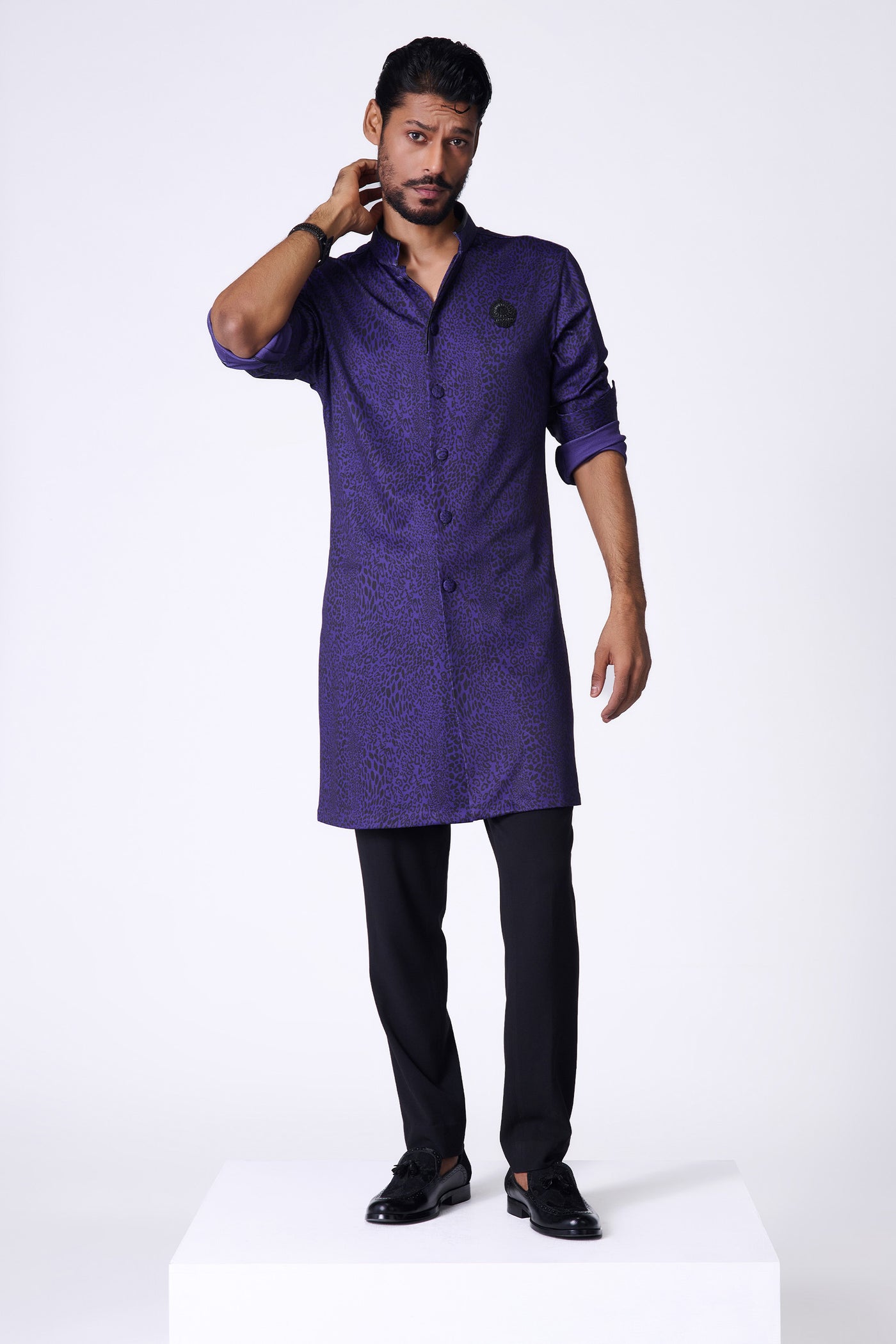 Shantanu & Nikhil Menswear Purple Leopard Print Shirt Kurta indian designer wear online shopping melange singapore