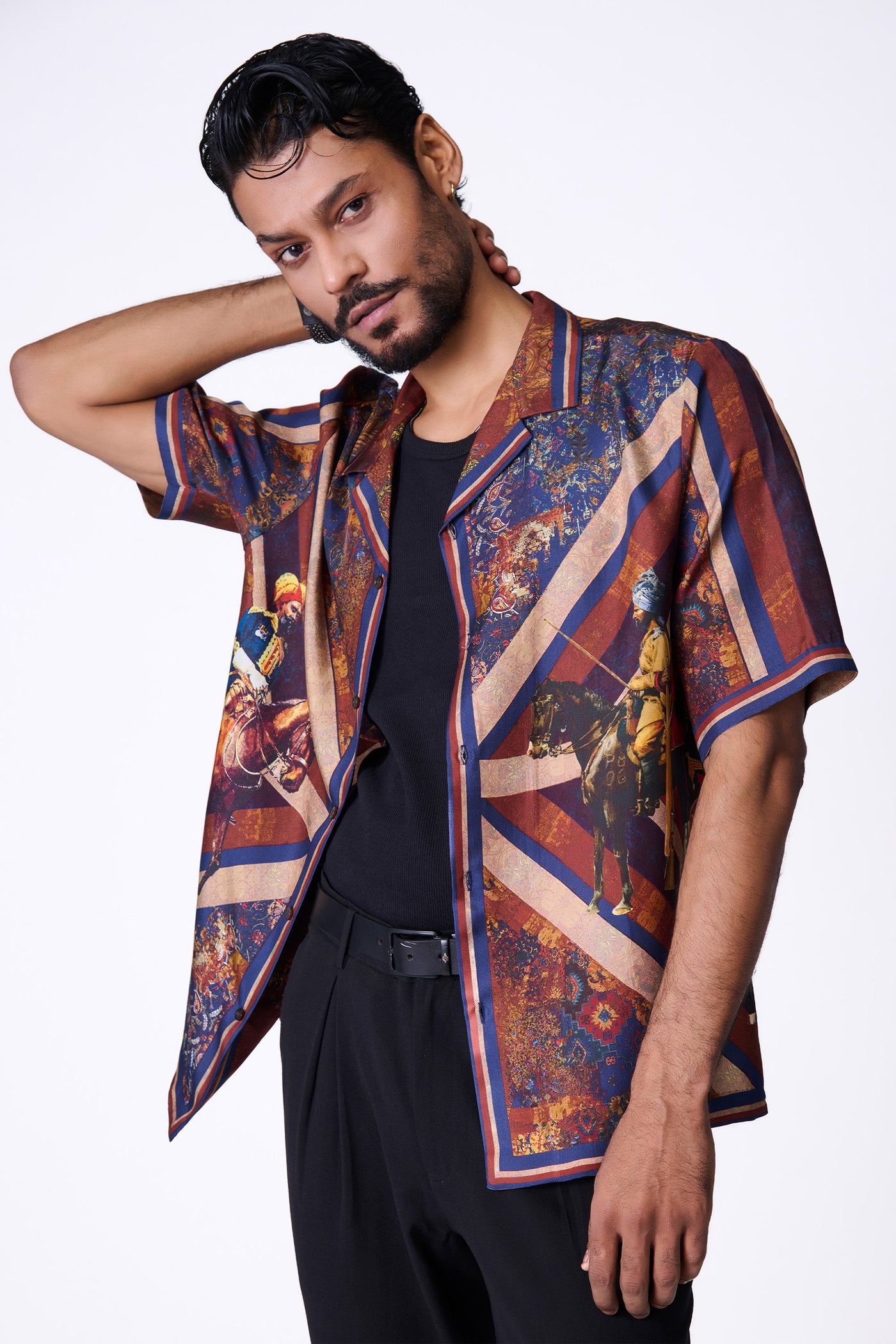 Shantanu & Nikhil Menswear Rust Silk Twill Printed Shirt indian designer wear online shopping melange singapore