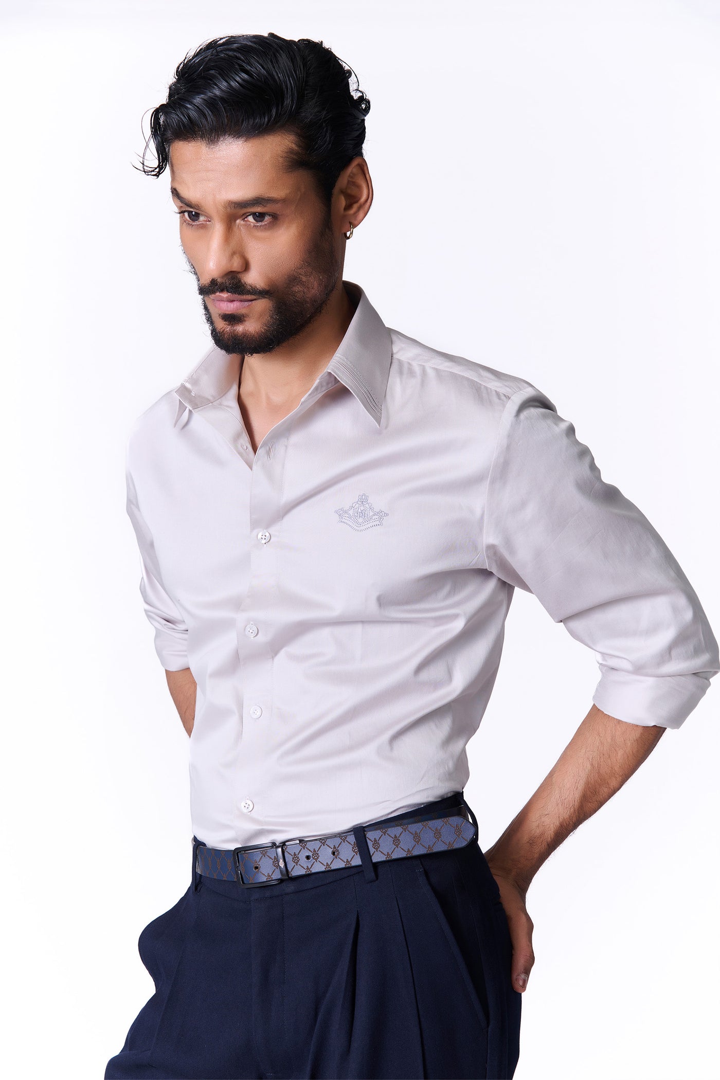 Shantanu & Nikhil Menswear Signature Light Grey Shirt with Embroidered Crest indian designer wear online shopping melange singapore