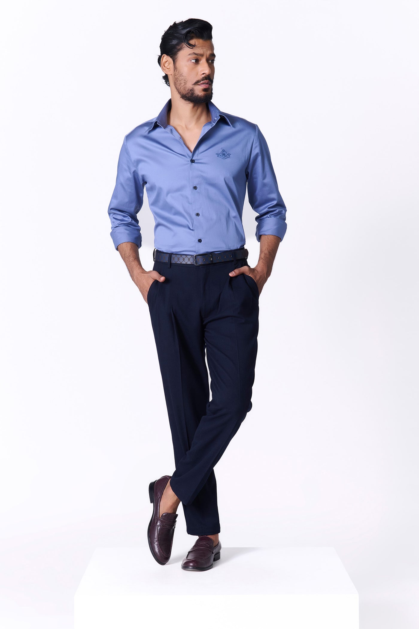 Shantanu & Nikhil Menswear Signature Slate Blue Shirt with Embroidered Crest indian designer wear online shopping melange singapore
