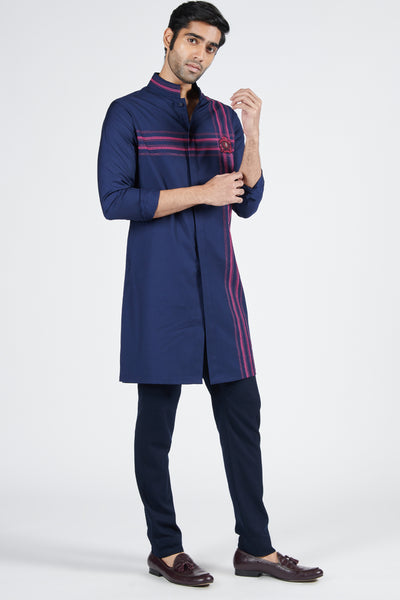 Shantanu & Nikhil Navy Shirt Kurta With Thread Work indian designer wear online shopping melange singapore