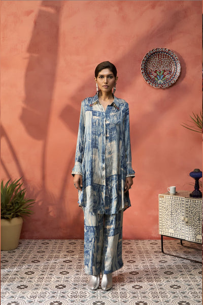 Simar Dugal Ajrakh Co-ord Set Blue Splash indian designer wear online shopping melange singapore