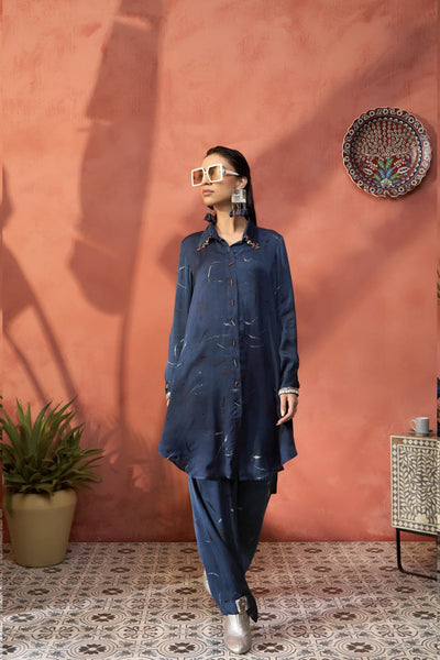 Simar Dugal Ajrakh Indian Co-ord Set Dark Navy indian designer wear online shopping melange singapore