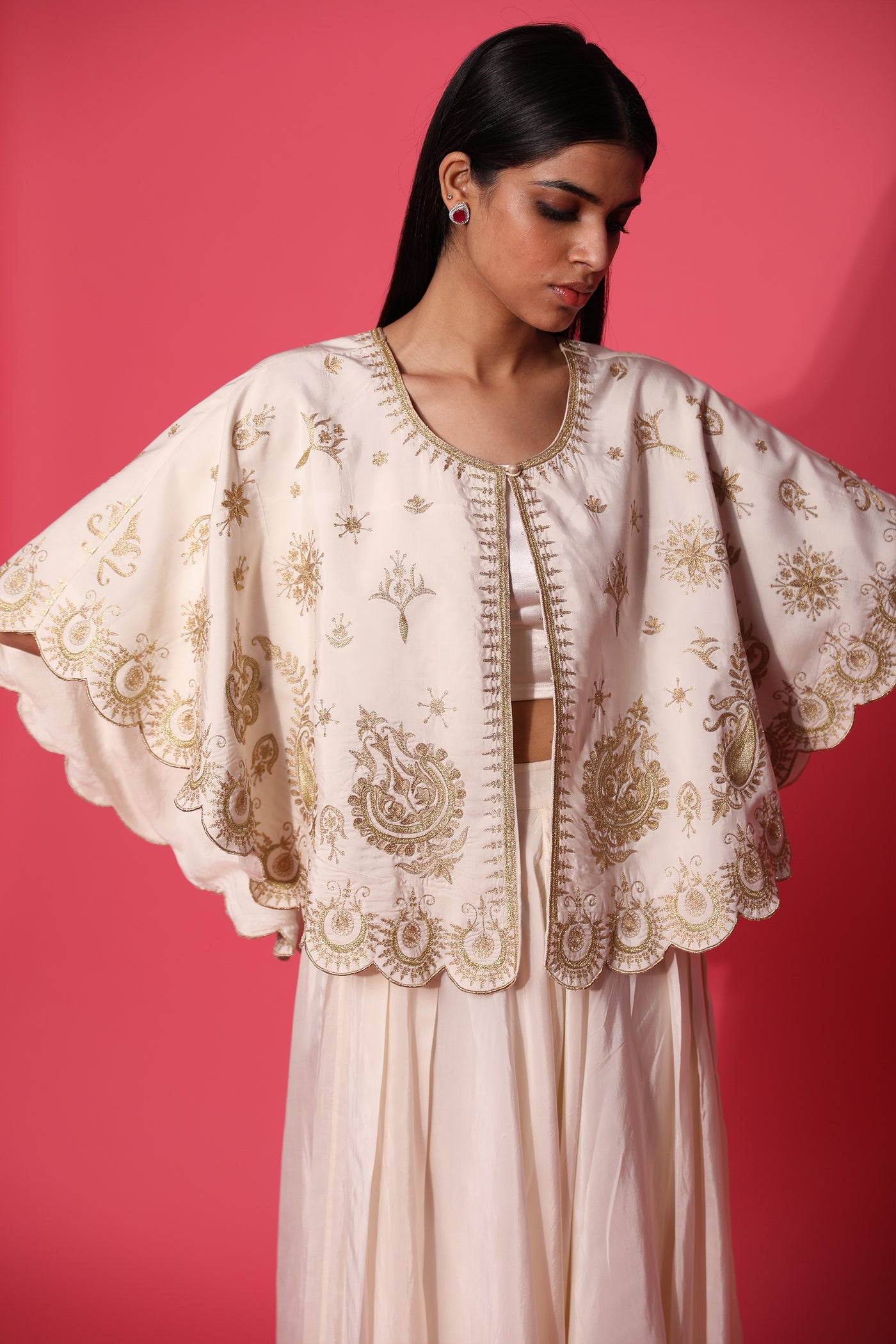 Simar Dugal Cape With Inner Blouse And Pants Ivory indian designer wear online shopping melange singapore