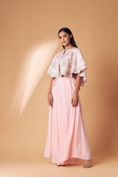 Simar Dugal Cape With Inner Blouse And Pants Light Pink indian designer wear online shopping melange singapore