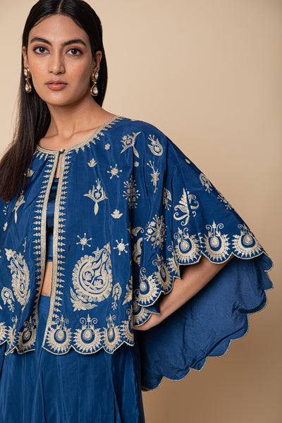 Simar Dugal Cape With Inner Blouse And Pants Royal Blue indian designer wear online shopping melange singapore