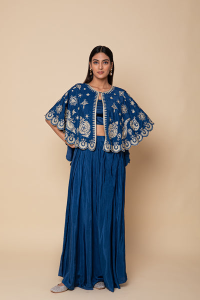 Simar Dugal Cape With Inner Blouse And Pants Royal Blue indian designer wear online shopping melange singapore