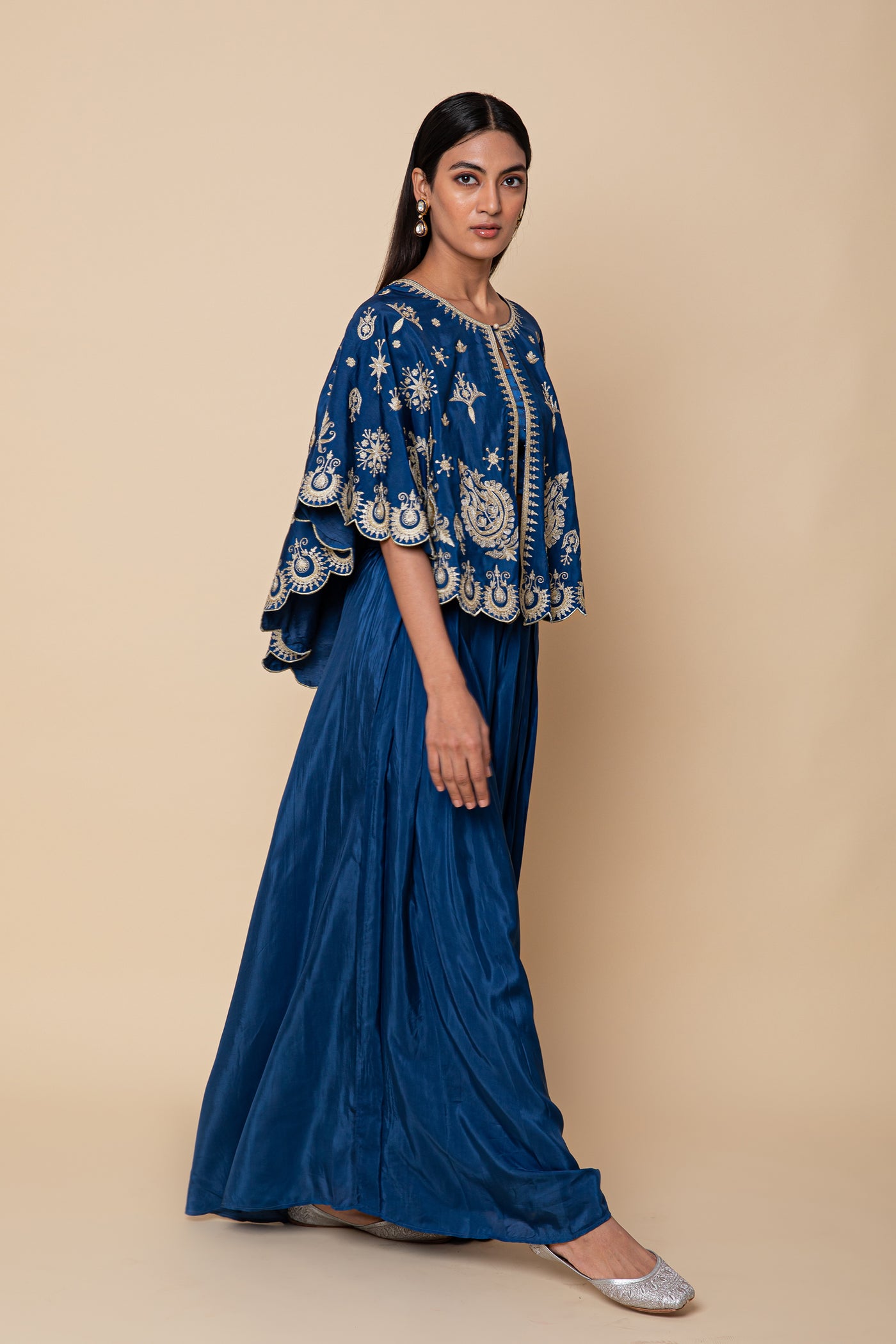 Simar Dugal Cape With Inner Blouse And Pants Royal Blue indian designer wear online shopping melange singapore