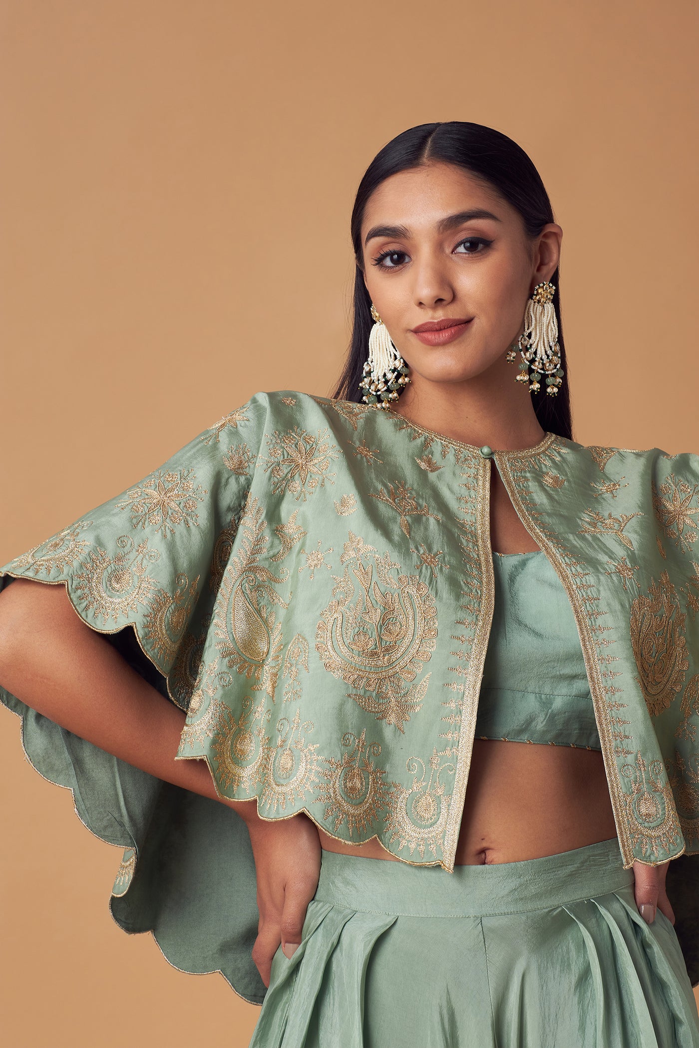 Simar Dugal Cape With Inner Blouse And Pants Sea Green indian designer wear online shopping melange singapore