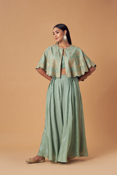 Simar Dugal Cape With Inner Blouse And Pants Sea Green indian designer wear online shopping melange singapore