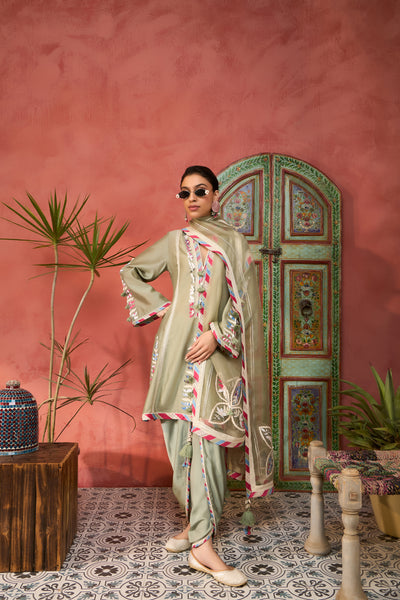 Simar Dugal Ikat Applique A-line Kurta with Dhoti Pants Seagreen indian designer wear online shopping melange singapore