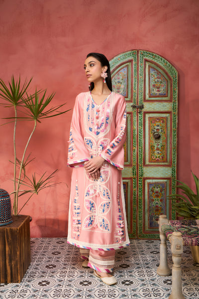 Simar Dugal Ikat Applique Long Kurta With Pants Pink indian designer wear online shopping melange singapore