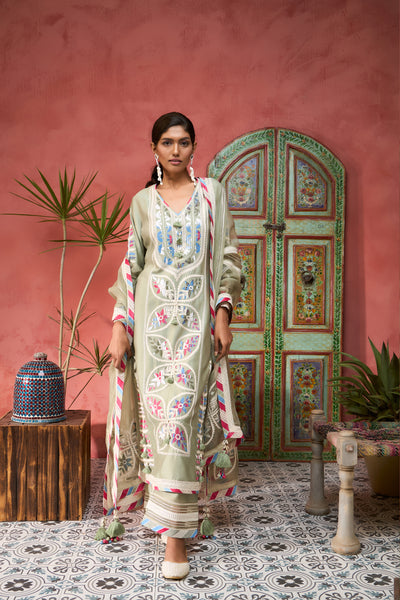 Simar Dugal Ikat Applique Long Kurta With Pants Seagreen indian designer wear online shopping melange singapore