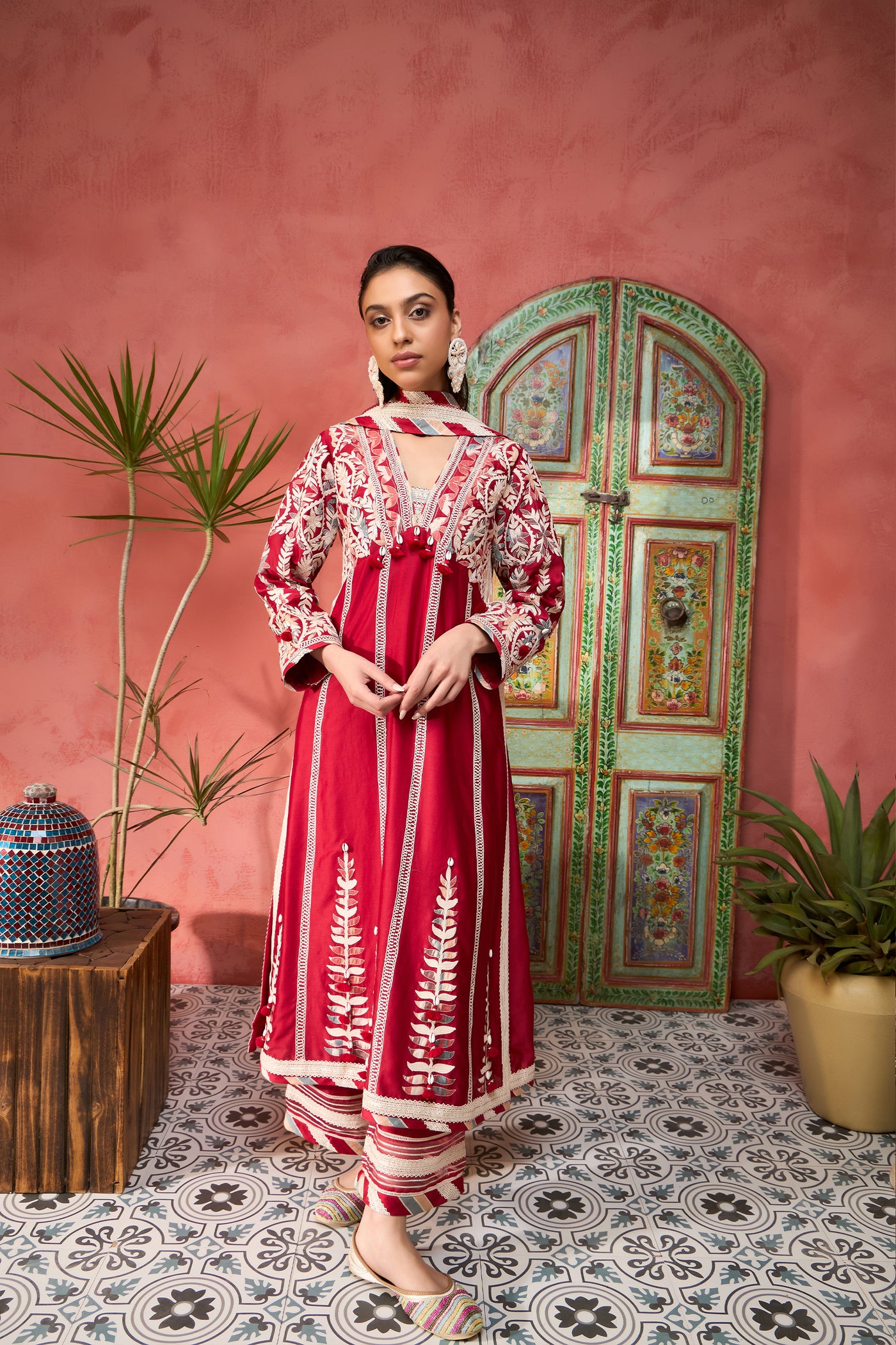 Simar Dugal Ikat Applique Long V-Neck With Pants indian designer wear online shopping melange singapore