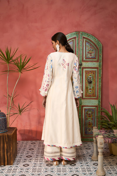 Simar Dugal Ikat Applique Long V-neck With Pants Ivory indian designer wear online shopping melange singapore