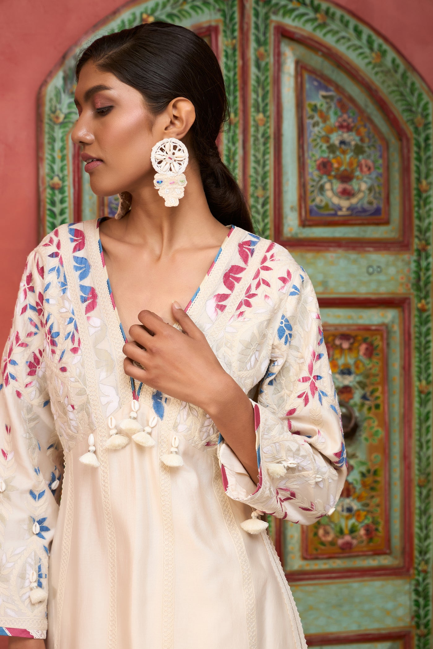 Simar Dugal Ikat Applique Long V-neck With Pants Ivory indian designer wear online shopping melange singapore