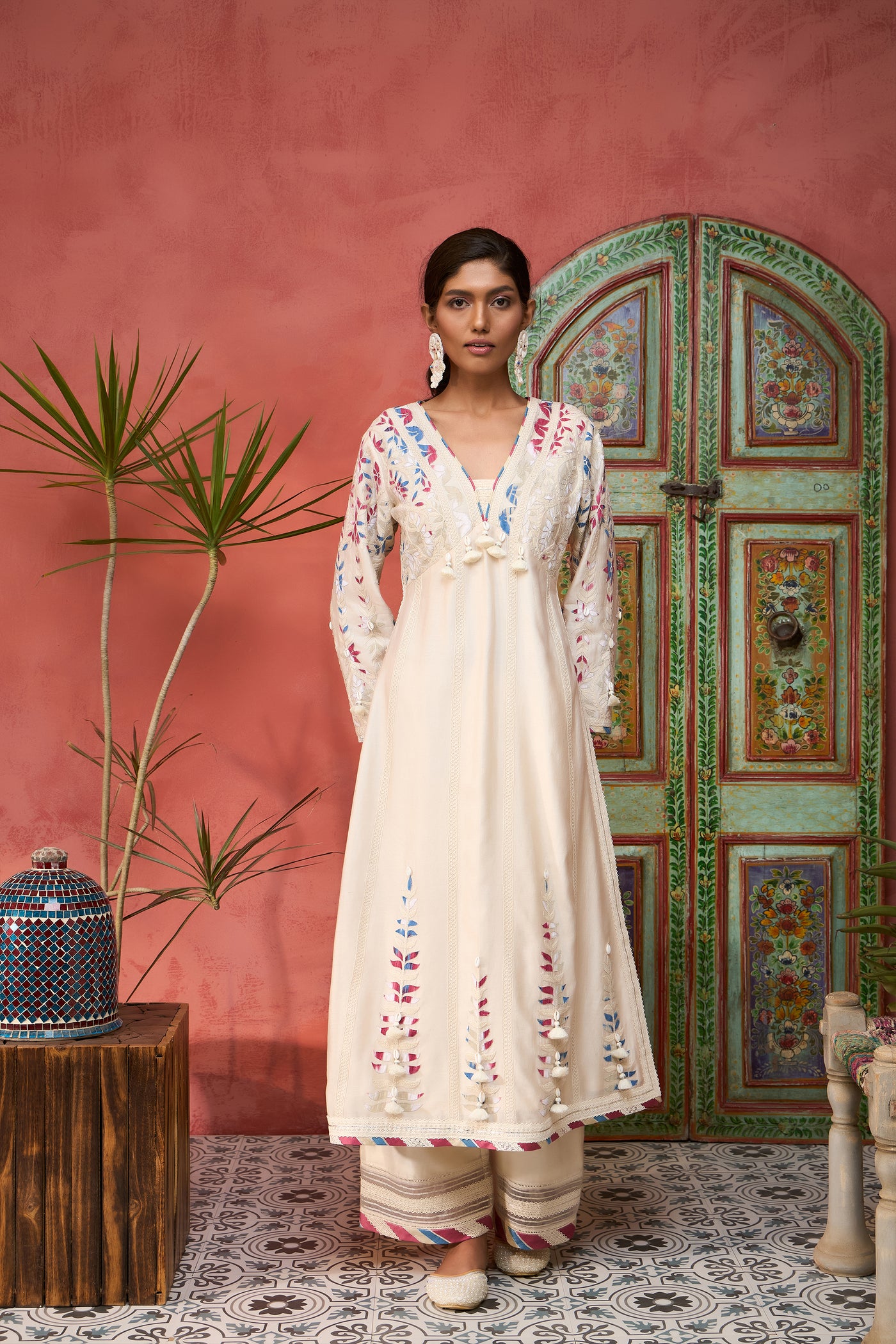 Simar Dugal Ikat Applique Long V-neck With Pants Ivory indian designer wear online shopping melange singapore