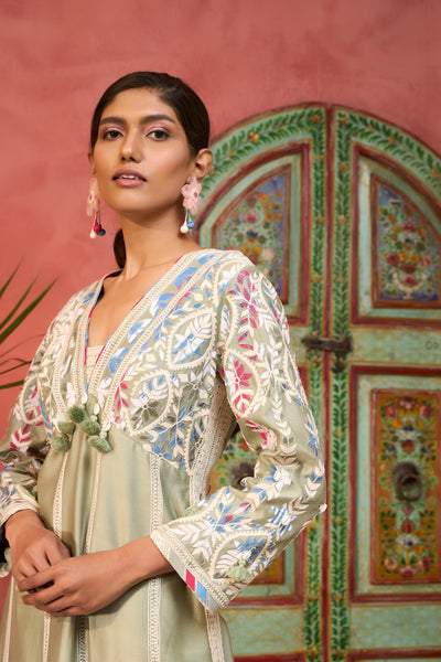 Simar Dugal Ikat Applique Long V-Neck With Pants Seagreen indian designer wear online shopping melange singapore