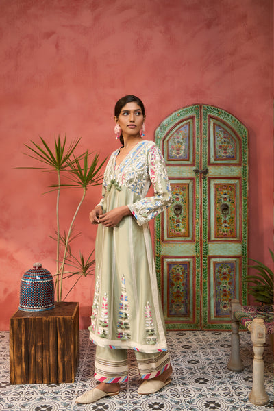 Simar Dugal Ikat Applique Long V-Neck With Pants Seagreen indian designer wear online shopping melange singapore