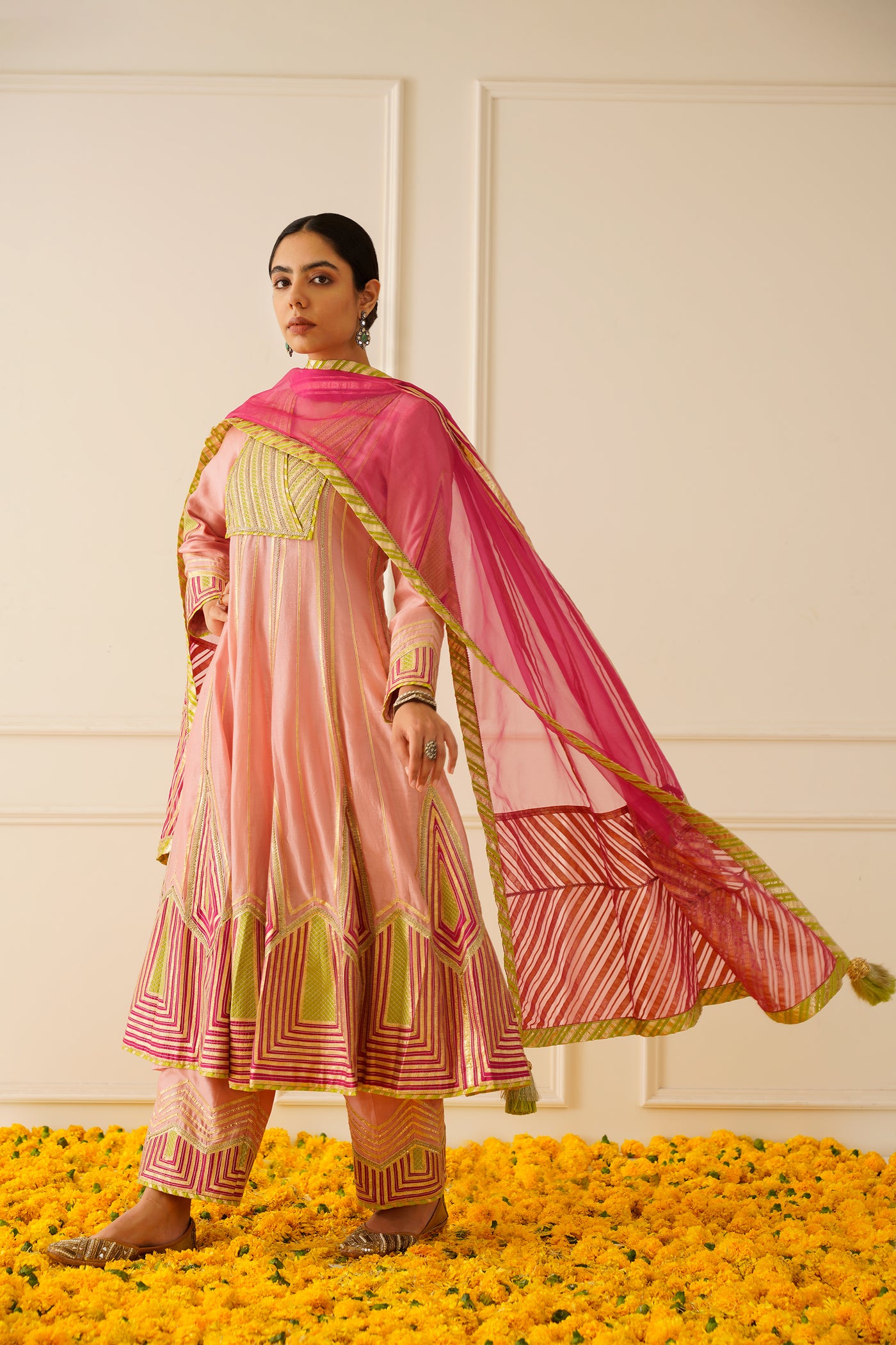 Simar Dugal Colourblock Anarkali with Wide Pants Pink with Lime Green indian designer wear online shopping melange singapore