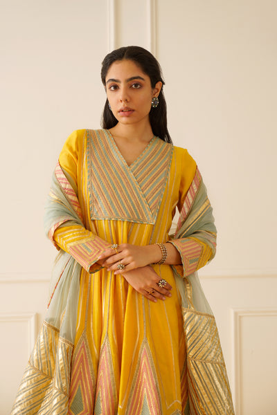 Simar Dugal Colourblock Anarkali With Wide Pants Yellow with Aqua And Pink indian designer wear online shopping melange singapore