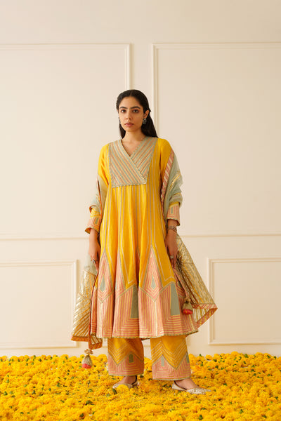 Simar Dugal Colourblock Anarkali With Wide Pants Yellow with Aqua And Pink indian designer wear online shopping melange singapore