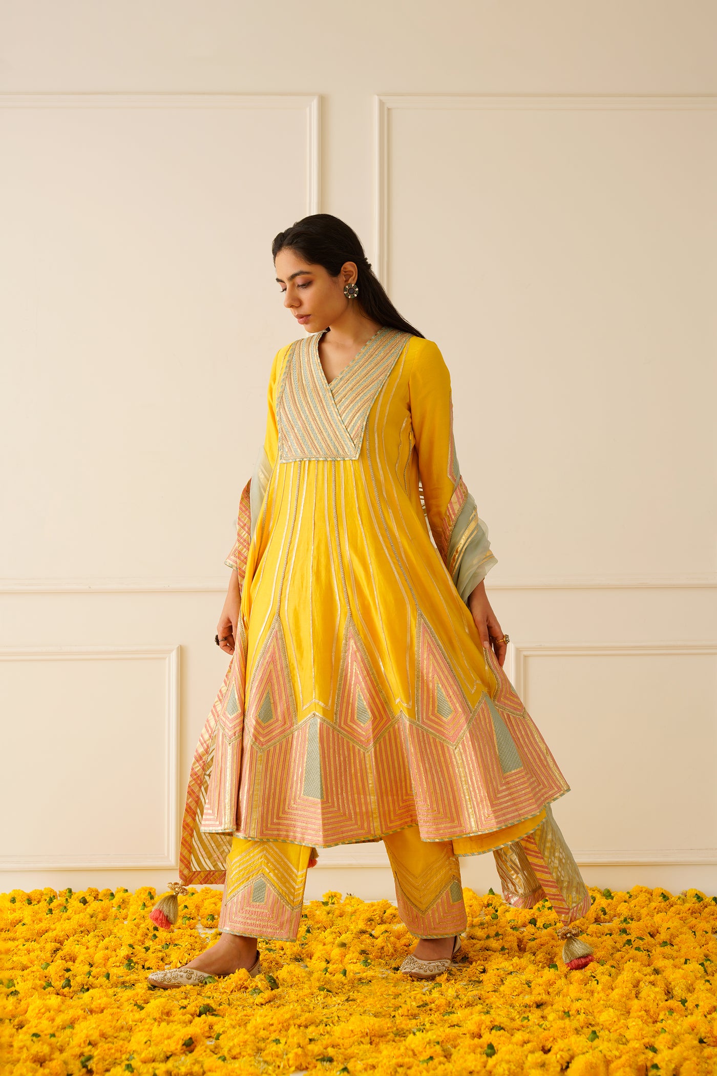 Simar Dugal Colourblock Anarkali With Wide Pants Yellow with Aqua And Pink indian designer wear online shopping melange singapore