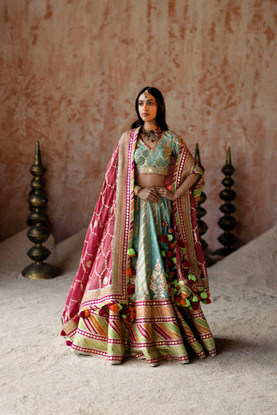 Simar Dugal Leheriya Gota Lehenga Cyan With Rose Pink indian designer wear online shopping melange singapore