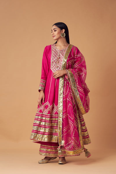 Simar Dugal Long Anarkali With Sharara And Dupatta Fuschia Pink indian designer wear online shopping melange singapore