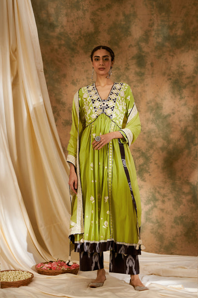 Simar Dugal Meher V-neck Kurta With Pants Lime Green indian designer wear online shopping melange singapore