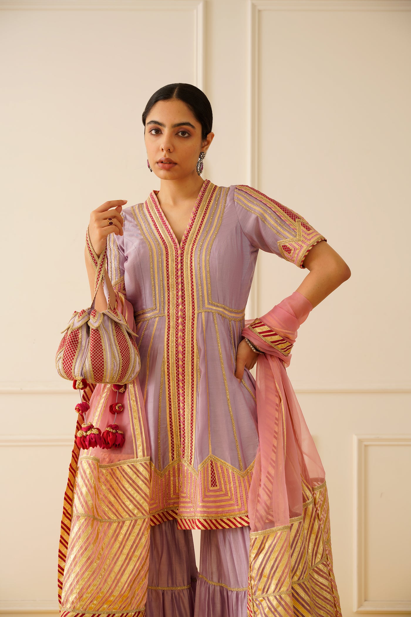 Simar Dugal Colourblock Peplum Kurta With Tiered Sharara Lavender Pink indian designer wear online shopping melange singapore