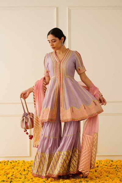 Simar Dugal Colourblock Peplum Kurta With Tiered Sharara Lavender Pink indian designer wear online shopping melange singapore