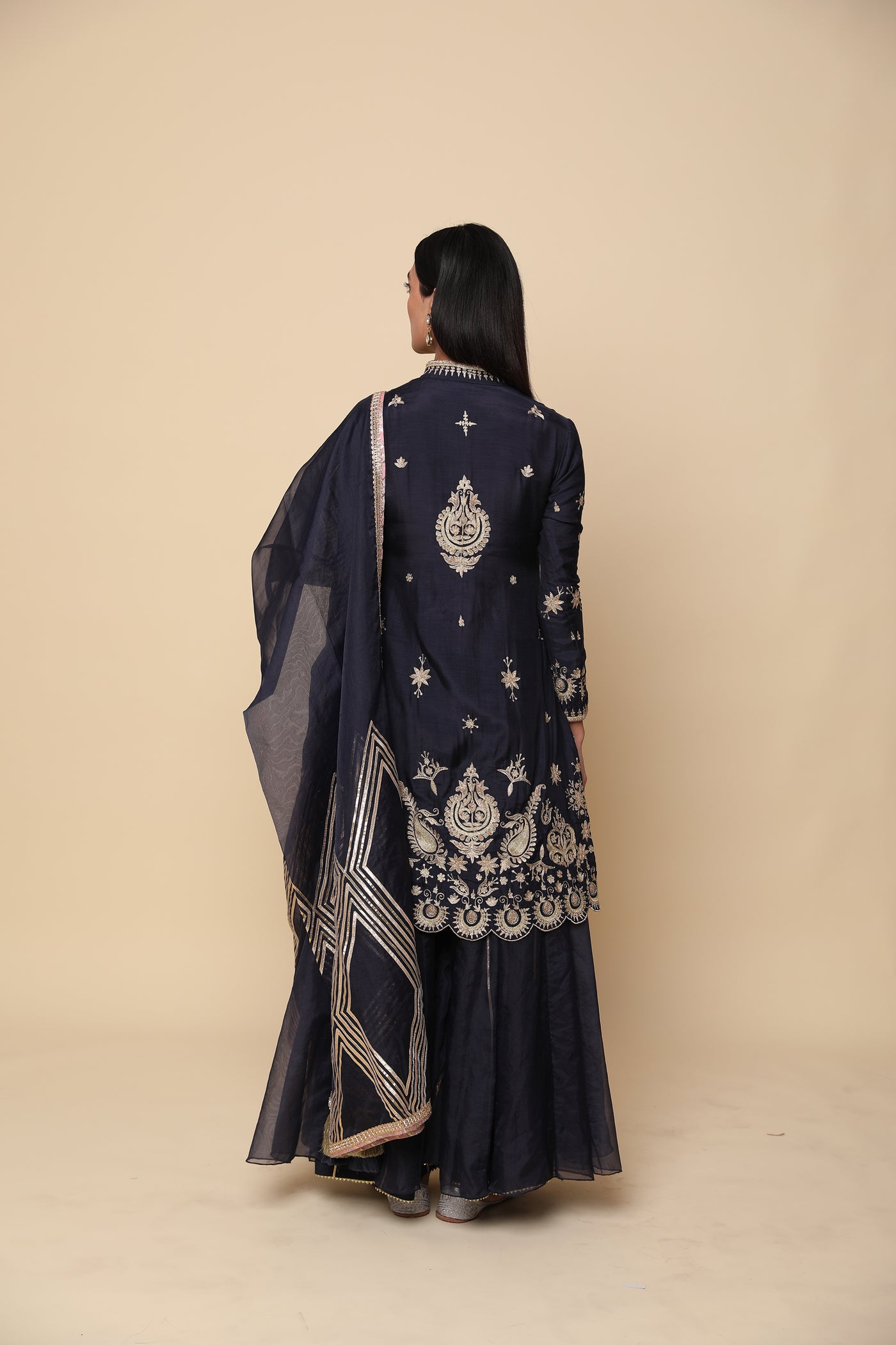 Simar Dugal Short Jacket With Sharara And Dupatta Navy Blue indian designer wear online shopping melange singapore