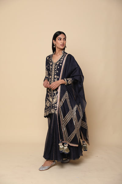 Simar Dugal Short Jacket With Sharara And Dupatta Navy Blue indian designer wear online shopping melange singapore