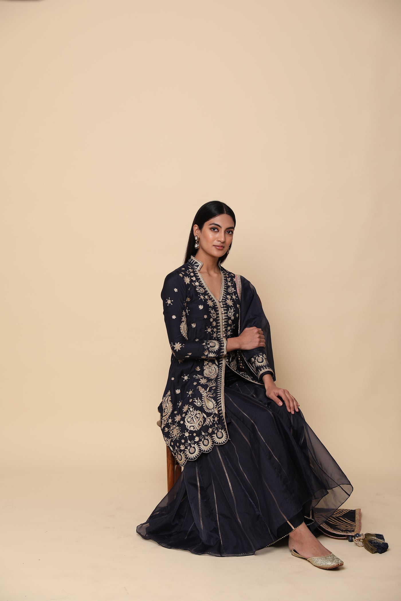 Simar Dugal Short Jacket With Sharara And Dupatta Navy Blue indian designer wear online shopping melange singapore