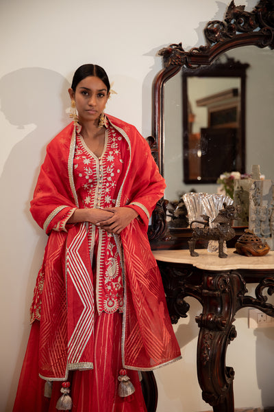 Simar Dugal Short Jacket With Sharara And Dupatta Red indian designer wear online shopping melange singapore