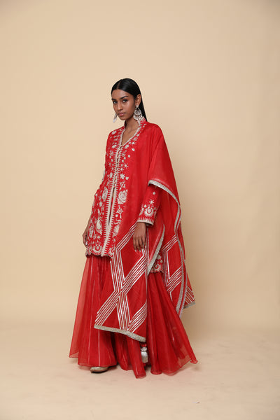 Simar Dugal Short Jacket With Sharara And Dupatta Red indian designer wear online shopping melange singapore