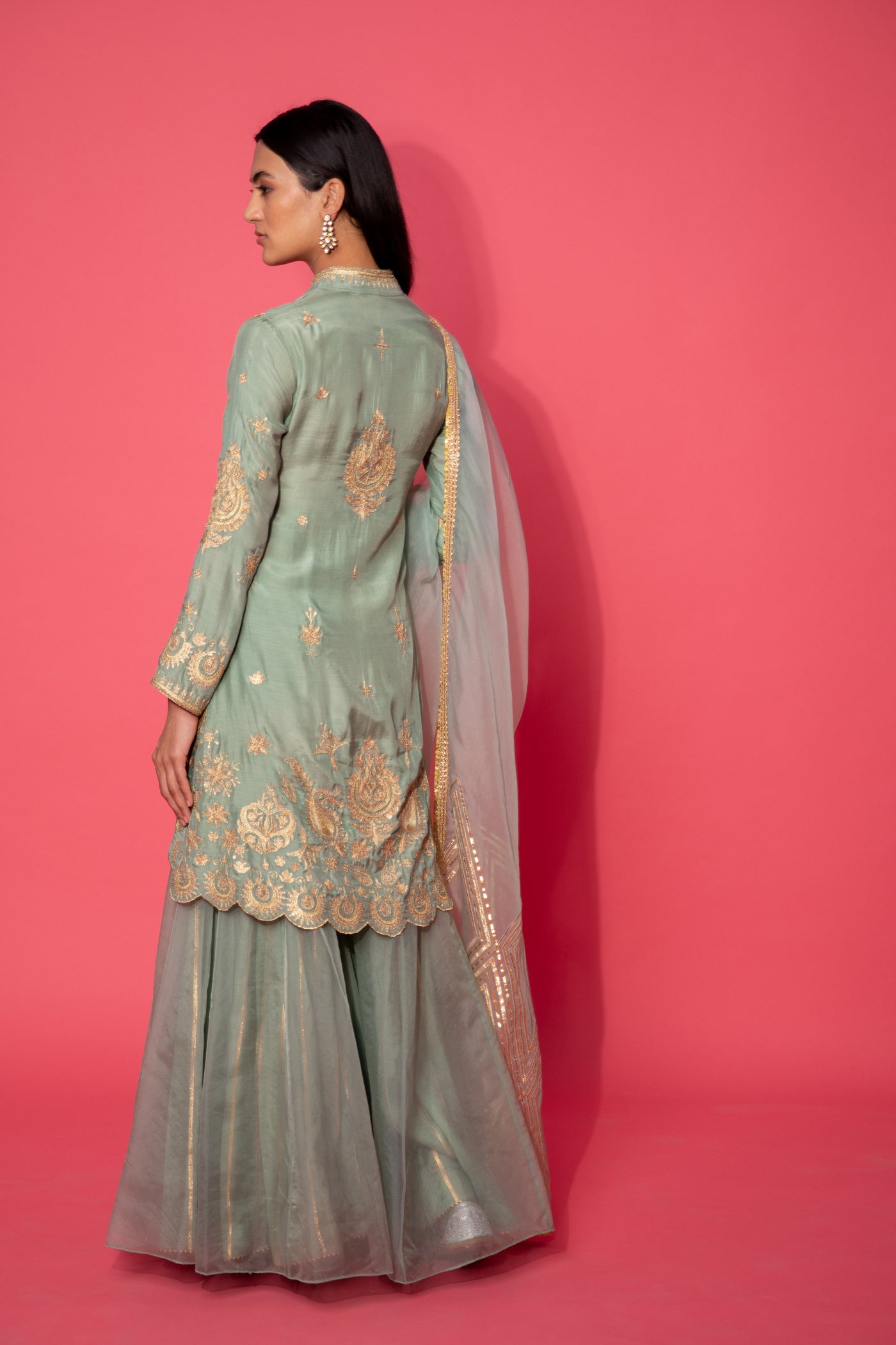 Simar Dugal Short Jacket With Sharara And Dupatta Sea Green indian designer wear online shopping melange singapore