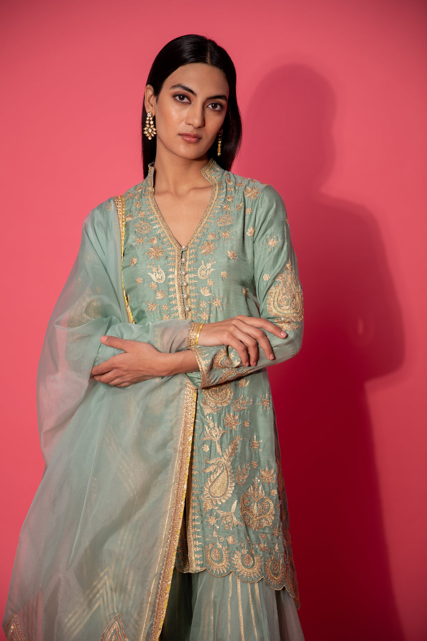 Simar Dugal Short Jacket With Sharara And Dupatta Sea Green indian designer wear online shopping melange singapore