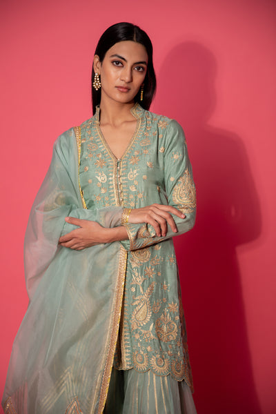 Simar Dugal Short Jacket With Sharara And Dupatta Sea Green indian designer wear online shopping melange singapore