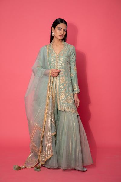 Simar Dugal Short Jacket With Sharara And Dupatta Sea Green indian designer wear online shopping melange singapore