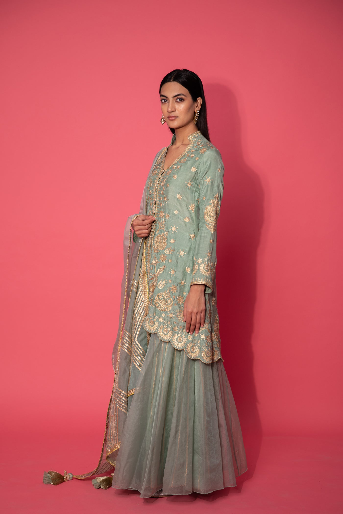 Simar Dugal Short Jacket With Sharara And Dupatta Sea Green indian designer wear online shopping melange singapore