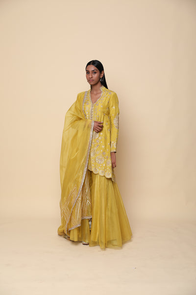 Simar Dugal Short Jacket With Sharara And Dupatta Yellow indian designer wear online shopping melange singapore