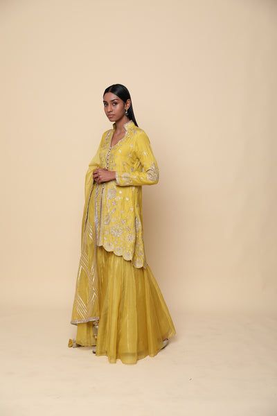 Simar Dugal Short Jacket With Sharara And Dupatta Yellow indian designer wear online shopping melange singapore