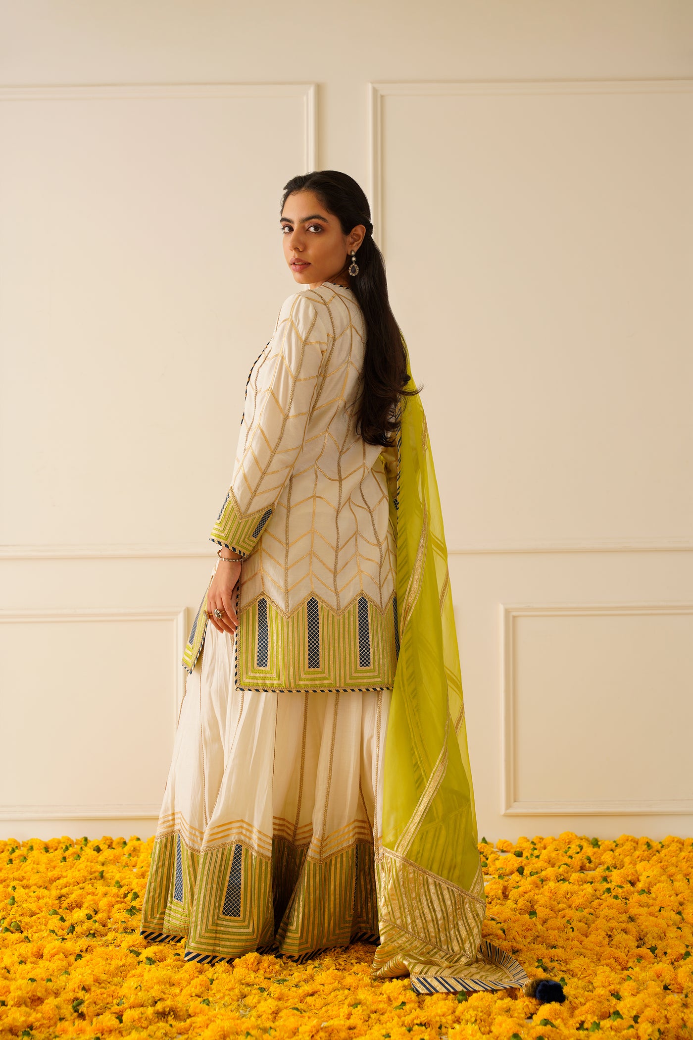 Simar Dugal Colourblock Short Kurta And Sharara Ivory With Lime Green indian designer wear online shopping melange singapore