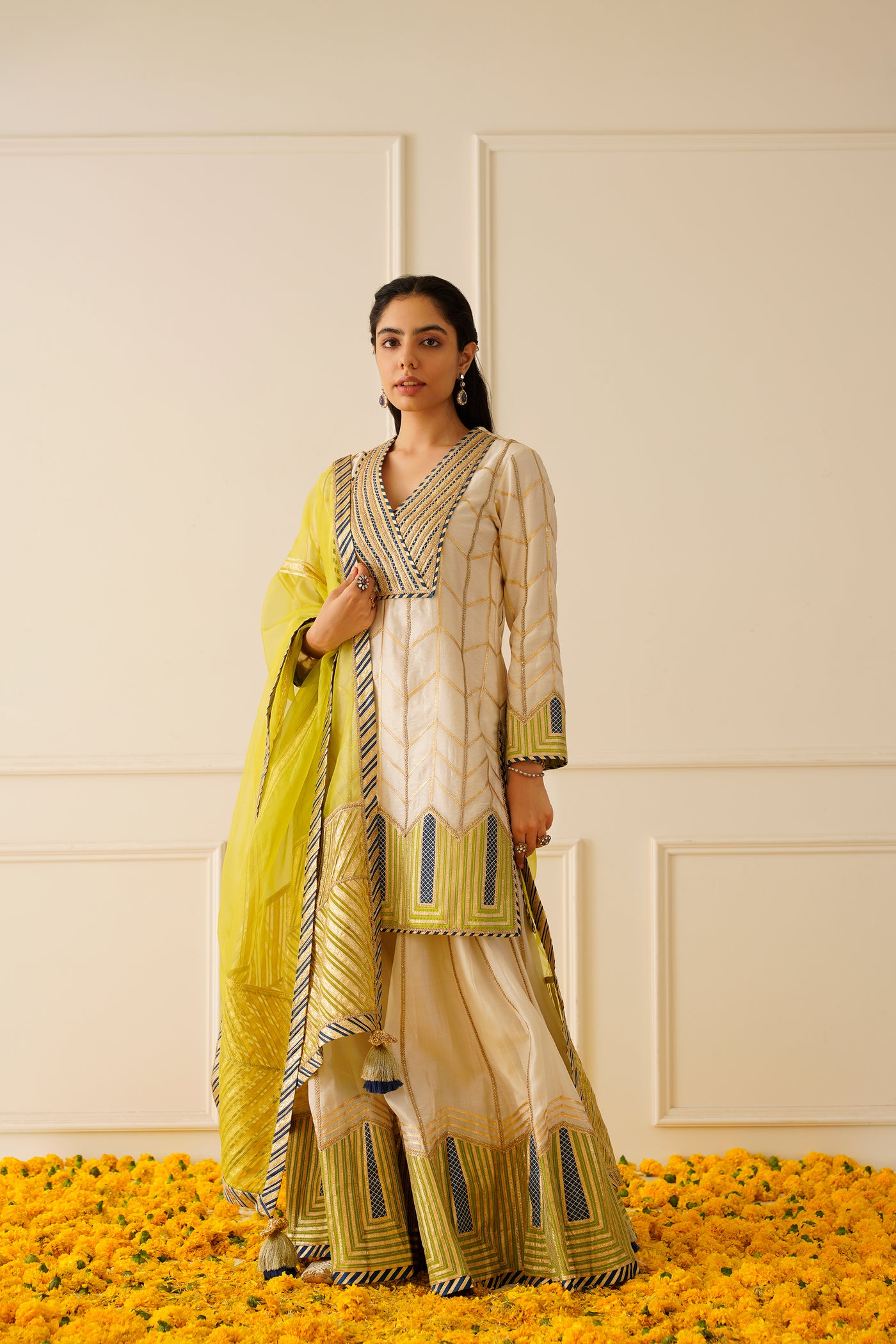 Simar Dugal Colourblock Short Kurta And Sharara Ivory With Lime Green indian designer wear online shopping melange singapore